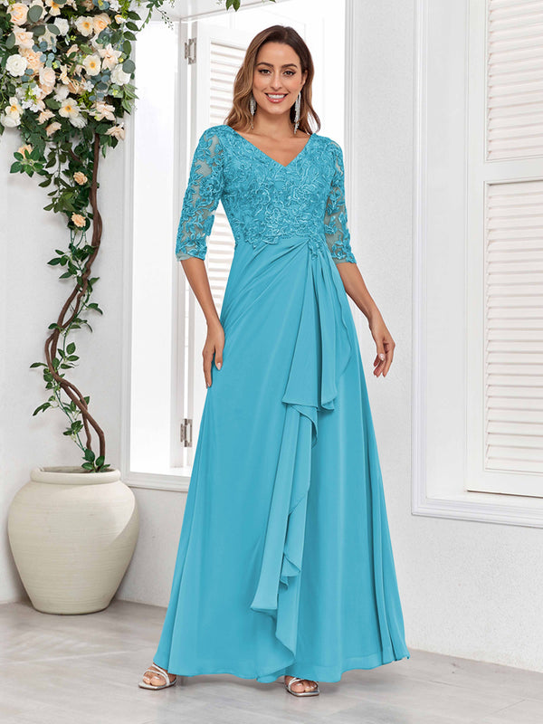 Pool Stylish V-Neck Half Sleeves Lace Chiffon Floor Length Mother Of The Bride Dresses