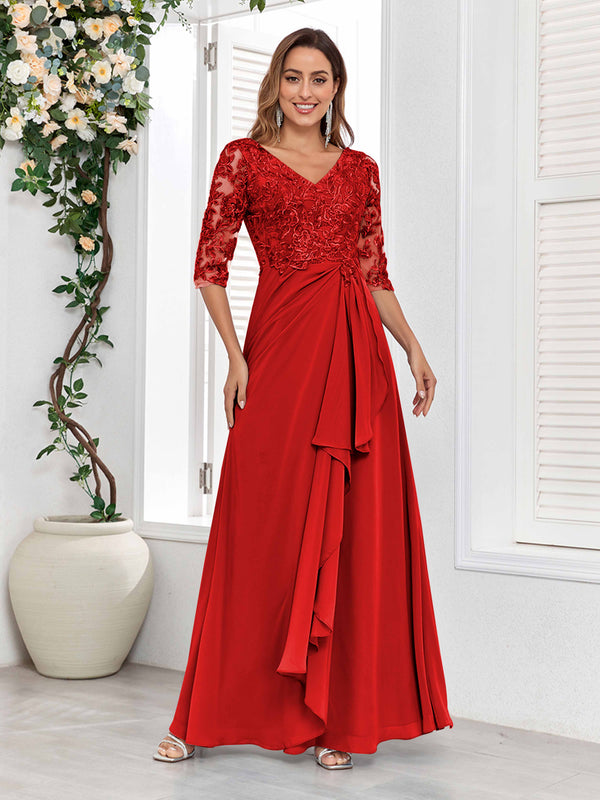 Red Stylish V-Neck Half Sleeves Lace Chiffon Floor Length Mother Of The Bride Dresses