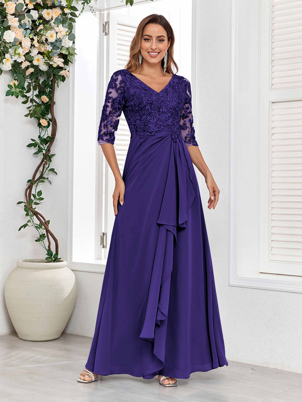 Regency Stylish V-Neck Half Sleeves Lace Chiffon Floor Length Mother Of The Bride Dresses
