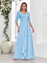 Stylish V-Neck Half Sleeves Lace Chiffon Floor Length Mother Of The Bride Dresses