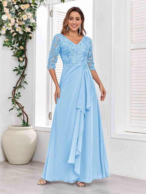 Sky Blue Stylish V-Neck Half Sleeves Lace Chiffon Floor Length Mother Of The Bride Dresses