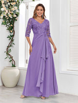 Stylish V-Neck Half Sleeves Lace Chiffon Floor Length Mother Of The Bride Dresses