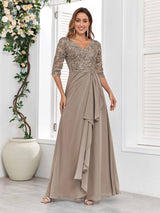 Stylish V-Neck Half Sleeves Lace Chiffon Floor Length Mother Of The Bride Dresses