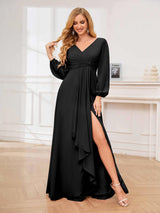Stylish V-Neck Long Sleeves Slit Chiffon Floor Length Bridesmaid Dresses