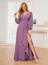 Stylish V-Neck Long Sleeves Slit Chiffon Floor Length Bridesmaid Dresses
