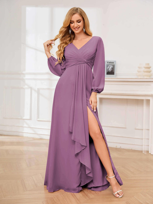 Dusty Purple Stylish V-Neck Long Sleeves Slit Chiffon Floor Length Bridesmaid Dresses