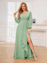 Stylish V-Neck Long Sleeves Slit Chiffon Floor Length Bridesmaid Dresses
