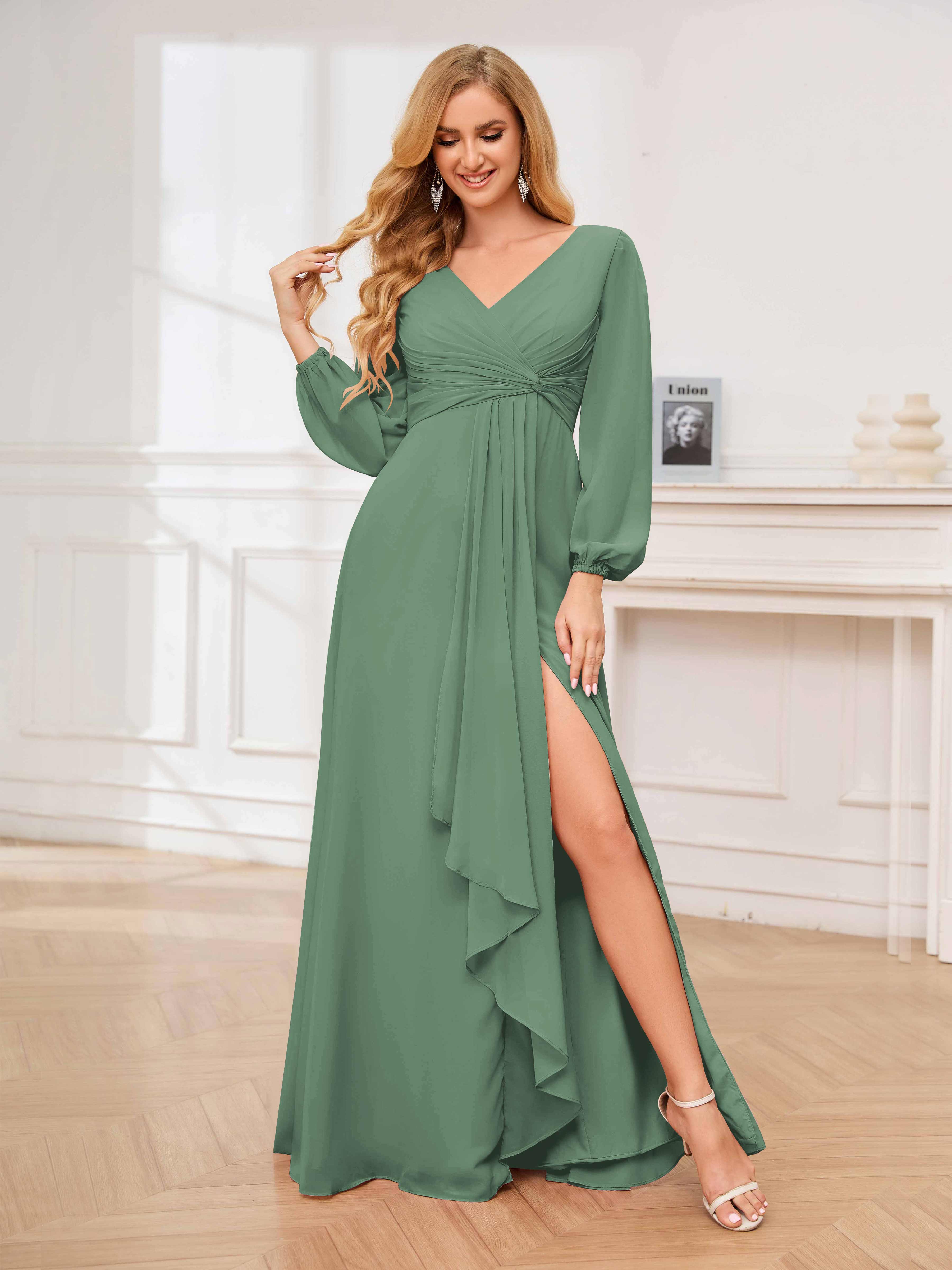Stylish V-Neck Long Sleeves Slit Chiffon Floor Length Bridesmaid Dress ...