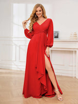 Stylish V-Neck Long Sleeves Slit Chiffon Floor Length Bridesmaid Dresses