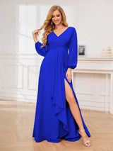 Stylish V-Neck Long Sleeves Slit Chiffon Floor Length Bridesmaid Dresses