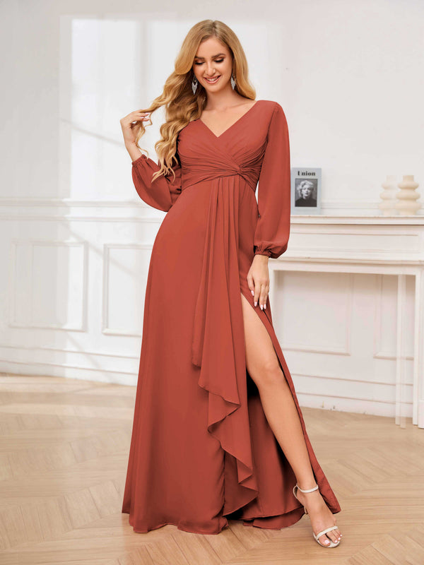 Rust Stylish V-Neck Long Sleeves Slit Chiffon Floor Length Bridesmaid Dresses
