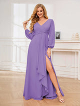 Stylish V-Neck Long Sleeves Slit Chiffon Floor Length Bridesmaid Dresses