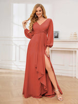 Stylish V-Neck Long Sleeves Slit Chiffon Floor Length Bridesmaid Dresses