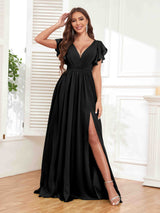 Stylish V-Neck Ruffles Sleeves Lace Up Chiffon Bridesmaid Dresses