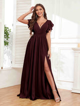 Stylish V-Neck Ruffles Sleeves Lace Up Chiffon Bridesmaid Dresses