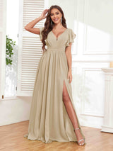 Stylish V-Neck Ruffles Sleeves Lace Up Chiffon Bridesmaid Dresses