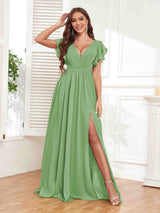 Stylish V-Neck Ruffles Sleeves Lace Up Chiffon Bridesmaid Dresses