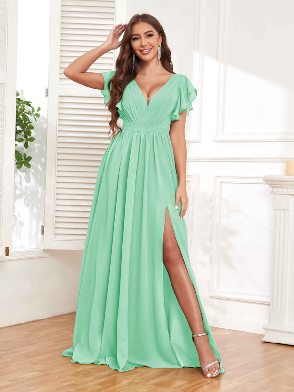 Mint Green Stylish V-Neck Ruffles Sleeves Lace Up Chiffon Bridesmaid Dresses