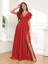 Stylish V-Neck Ruffles Sleeves Lace Up Chiffon Bridesmaid Dresses