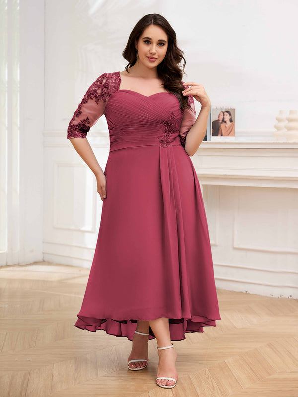 Cinnamon Rose Sumptuous Half Sleeves Ruched Lace Appliques Plus Size Mother Of The Bride Dresses