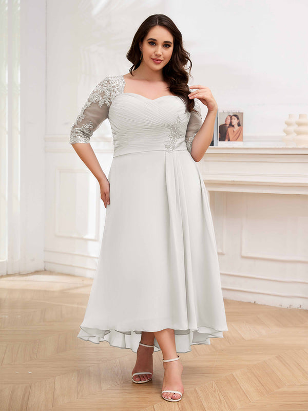 Ivory Sumptuous Half Sleeves Ruched Lace Appliques Plus Size Mother Of The Bride Dresses