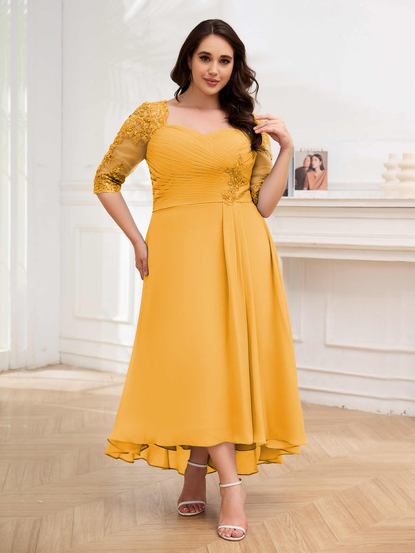 Mustard Sumptuous Half Sleeves Ruched Lace Appliques Plus Size Mother Of The Bride Dresses