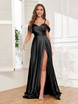 Sunning Off The Shoulder Slit Floor Length Satin Formal Party Dresses