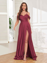 Sunning Off The Shoulder Slit Floor Length Satin Formal Party Dresses