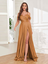 Sunning Off The Shoulder Slit Floor Length Satin Formal Party Dresses