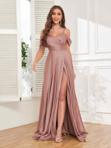 Sunning Off The Shoulder Slit Floor Length Satin Formal Party Dresses
