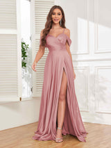 Sunning Off The Shoulder Slit Floor Length Satin Formal Party Dresses