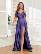 Sunning Off The Shoulder Slit Floor Length Satin Formal Party Dresses