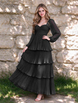 Sweetheart A-Line Long Sleeves Chiffon Tiered Pleated Wedding Guest Dress