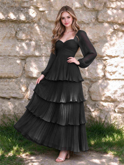 Sweetheart A-Line Long Sleeves Chiffon Tiered Pleated Wedding Guest Dress
