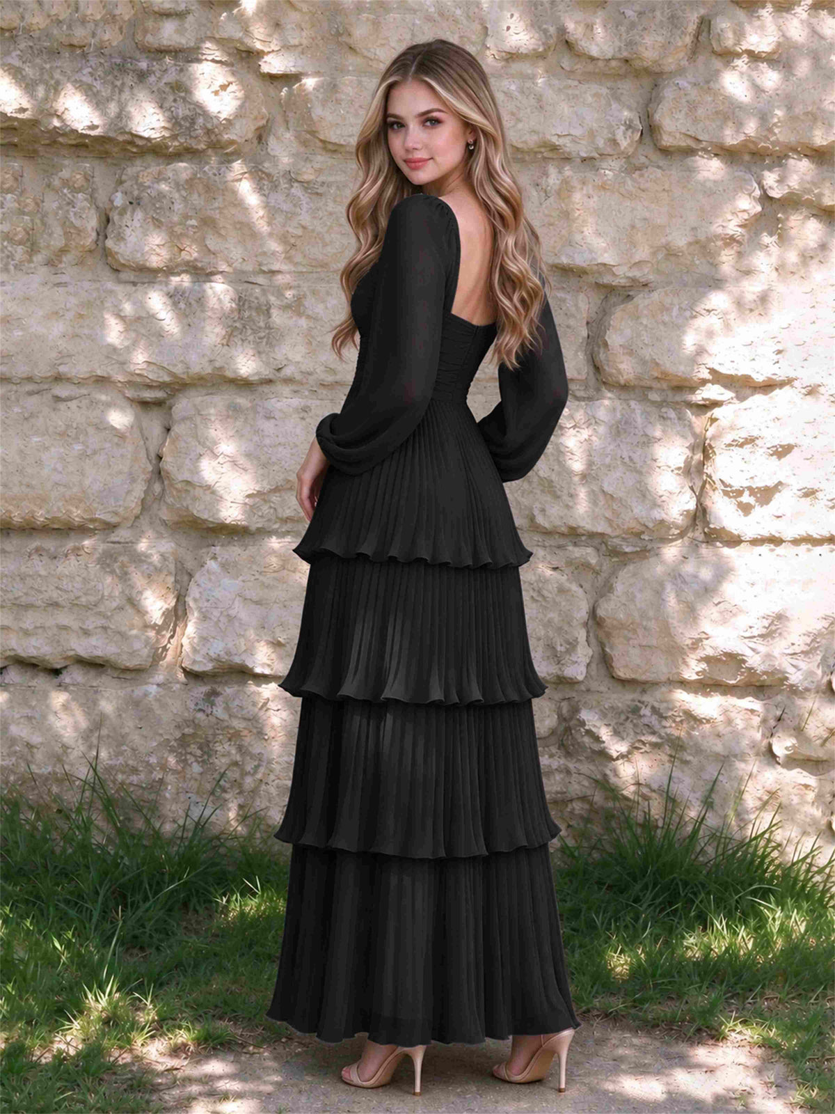 Sweetheart A-Line Long Sleeves Chiffon Tiered Pleated Wedding Guest Dress