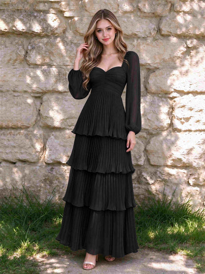 Sweetheart A-Line Long Sleeves Chiffon Tiered Pleated Wedding Guest Dress