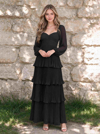 Sweetheart A-Line Long Sleeves Chiffon Tiered Pleated Wedding Guest Dress
