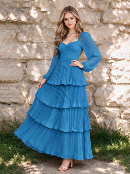 Sweetheart A-Line Long Sleeves Chiffon Tiered Pleated Wedding Guest Dress