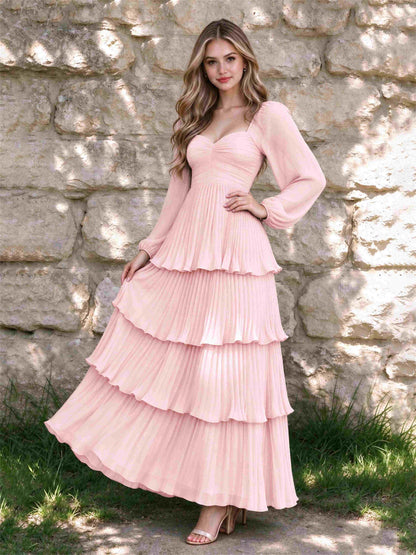 Sweetheart A-Line Long Sleeves Chiffon Tiered Pleated Wedding Guest Dress