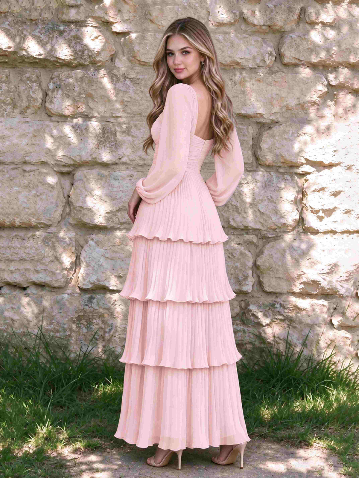 Sweetheart A-Line Long Sleeves Chiffon Tiered Pleated Wedding Guest Dress