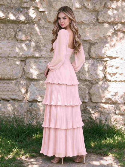 Sweetheart A-Line Long Sleeves Chiffon Tiered Pleated Wedding Guest Dress
