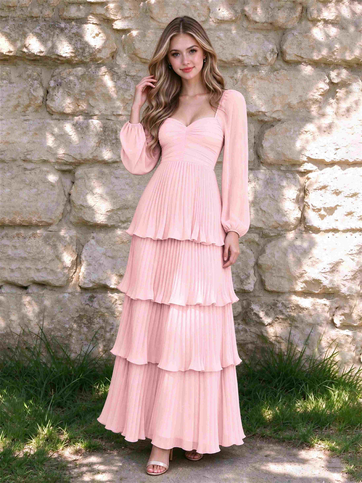 Sweetheart A-Line Long Sleeves Chiffon Tiered Pleated Wedding Guest Dress