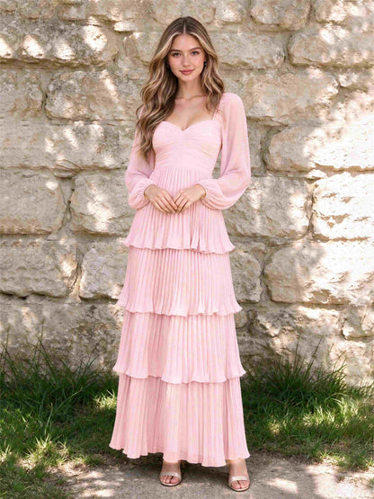 Sweetheart A-Line Long Sleeves Chiffon Tiered Pleated Wedding Guest Dress