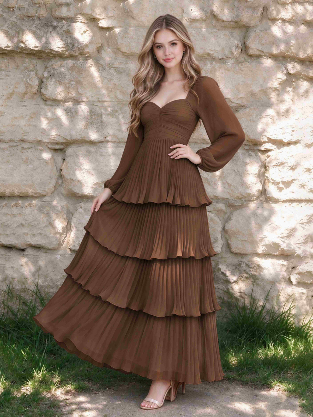 Sweetheart A-Line Long Sleeves Chiffon Tiered Pleated Wedding Guest Dress