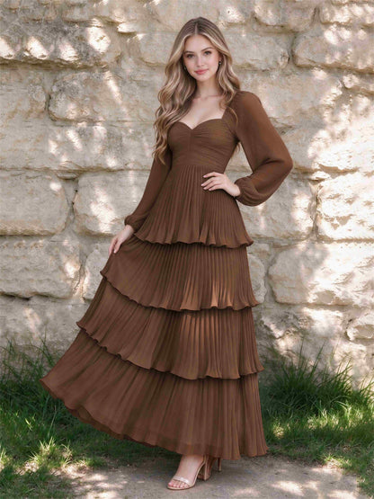 Sweetheart A-Line Long Sleeves Chiffon Tiered Pleated Wedding Guest Dress