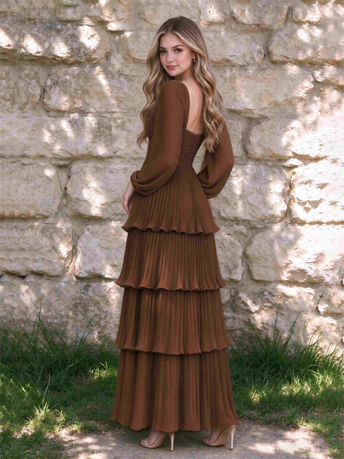 Sweetheart A-Line Long Sleeves Chiffon Tiered Pleated Wedding Guest Dress