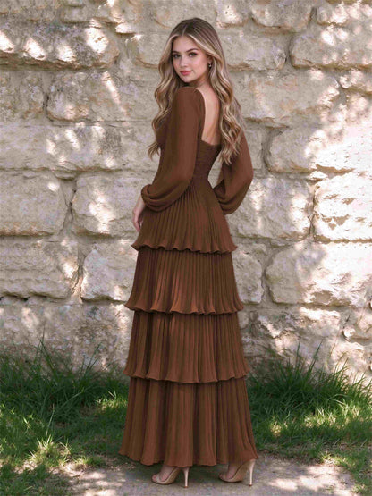 Sweetheart A-Line Long Sleeves Chiffon Tiered Pleated Wedding Guest Dress