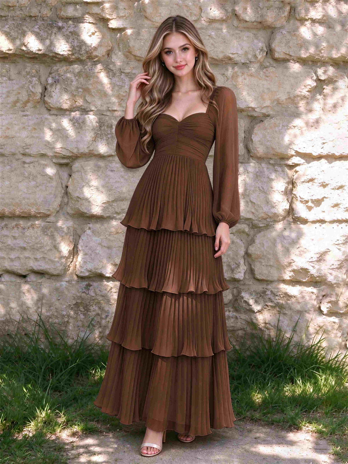 Sweetheart A-Line Long Sleeves Chiffon Tiered Pleated Wedding Guest Dress