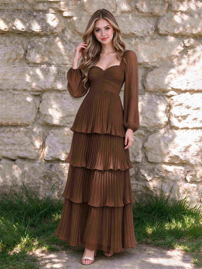 Sweetheart A-Line Long Sleeves Chiffon Tiered Pleated Wedding Guest Dress
