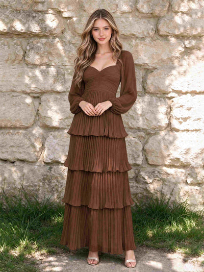 Sweetheart A-Line Long Sleeves Chiffon Tiered Pleated Wedding Guest Dress